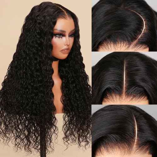 Glueless Curly Wigs Human Hair 7x5 Wear and Go Wig Human Hair Pre Plucked Pre Cut Black Deep Wave Closure Lace Front Wigs Human 12a 220% Density Loose Curly Wig Bleached Knots for Women 20 Inch
