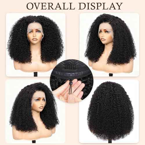 250 Density Curly Wig Human Hair With Drawstring Deep Wave Lace Front Wigs Human Hair Pre Plucked Virgin Remy Hair 5x Longer Lifespan 13x6 HD Lace Frontal Wigs Natural Black 20 Inch