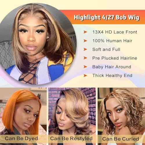 16 Inch Omber Bob Wig Human Hair 13x4 HD Transparent Lace Front Wigs 180 Density Straight 4/27 Highlight Wig Short Bob Wig Human Hair