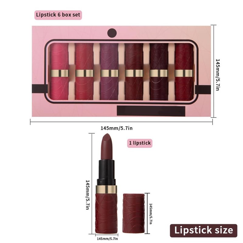 Matte Lipstick Set - 6 Pcs Long-Lasting Waterproof Lip Color | Nude Pink, Dark Red, Purple, Wine Red, Plum