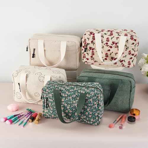 Large Makeup Bag for Women Corduroy Cosmetic bag Make up Bags Zipper Pouch with handle Cosmetic Organizer Toiletry Bag for Travel Storage
