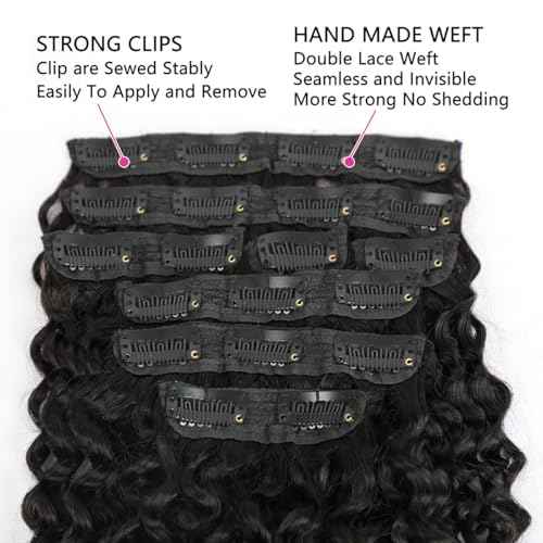 3C 4A Curly Clip In Hair Extension Real Human Hair 24 Inch Kinky Curly Clip in Hair Extensions Real Human Hair Brazilian Remy Human Hair Extensions Double Weft 8Pcs 110g Natural Black