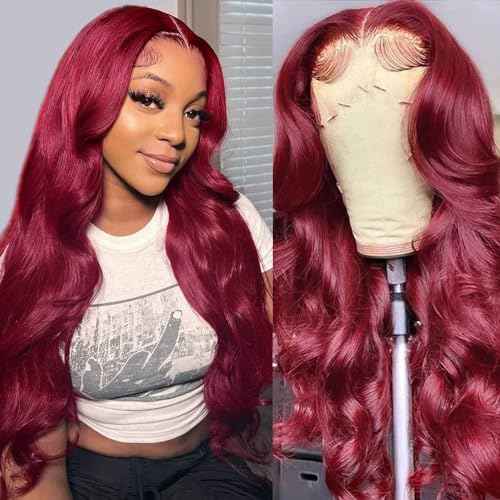 18 Inch Burgundy Lace Front Wigs Human Hair 13x6 99j Body Wave Human Hair Lace Front Wigs Pre Plucked 180 Density,100% Real Human Hair No Synthetic Blend No Tangle No Shedding Triple Lifespan 3