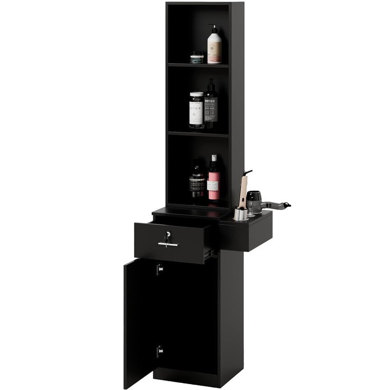 OmySalon Salon Hair Styling Station, Barber Salon Equipment with a 3-Tier Storage Shelf, 1 Drawer, a Large Storage Cabinet and 3 Hair Dryer Holders, Black