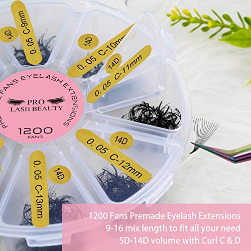 1200 Fans Premade Fans Eyelash Extensions Premade Volume Lash Extension Mixed Tray From 5D to 14D Handmade Lashes Bulk Promade Fans Soft Pointed Fans 14D-C-0.05-9-16mix
