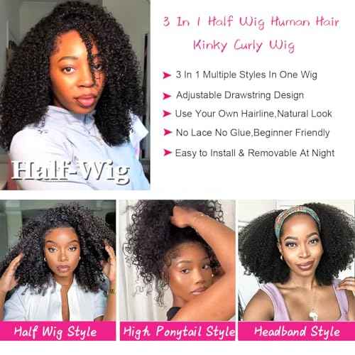 250% Density Half Wig Human Hair Glueless 3 in 1 With Drawstring Seamless Clip in Flip Over Kinky Curly 100% Real Human Hair No Synthetic Blend No Tangle No Shedding 18 Inch Triple Lifespan 3X