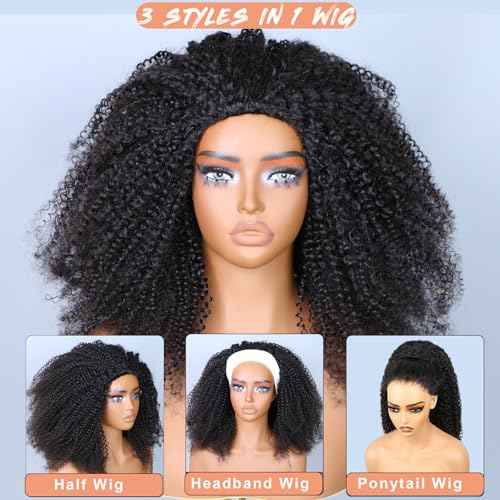 Domiso Afro Kinky Curly Half Wig with Drawstring Human Hair Wigs 3 In 1 Flip Over Half Wig Glueless Wig Elastic Band Clip in Human Hair Black Color Short Bob Wig14 Inch