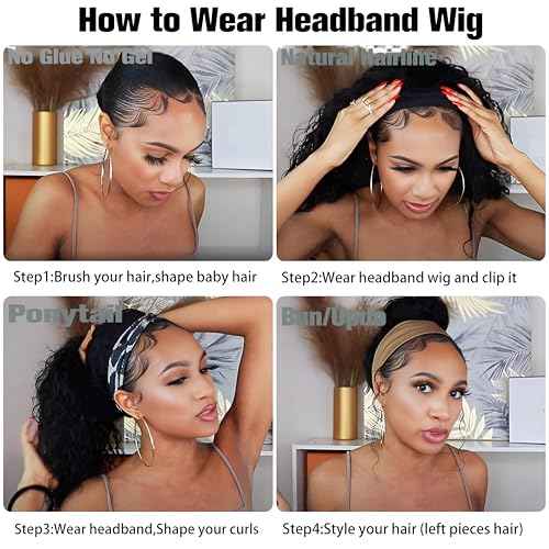 Curly Headband Wig Human Hair 20Inch Human Hair Headband Wig Glueless Wear and Go Human Hair Scarf None Lace Front Wigs 150% Density Natural Color
