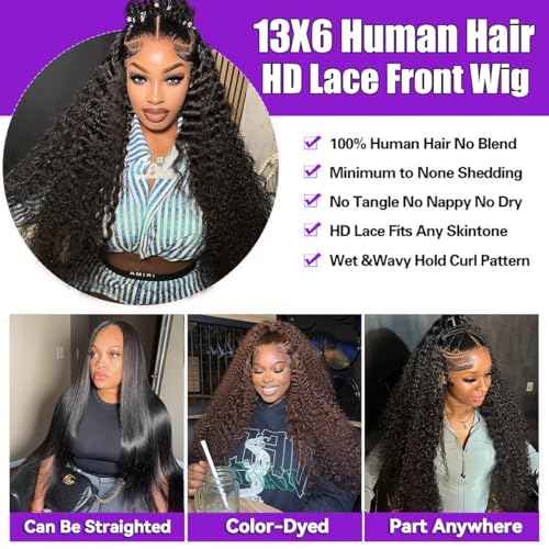 30 Inch 13x6 Deep Wave Lace Front Wigs Human Hair Hd Lace Frontal Wig 200 Denisty Deep Wave Wig Human Hair Lace Front Wigs Natural Black Pre Plucked Deep Curly Lace Frontal Wig for Women