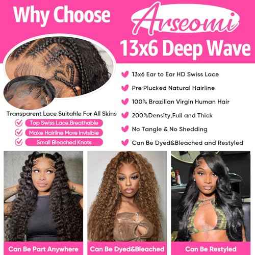 30Inch 13x6 Deep Wave Lace Front Wigs Human Hair Pre Plucked 200% Density Deep Curly 13x6 HD Lace Frontal Wigs with Baby Hair for Women Natural Color