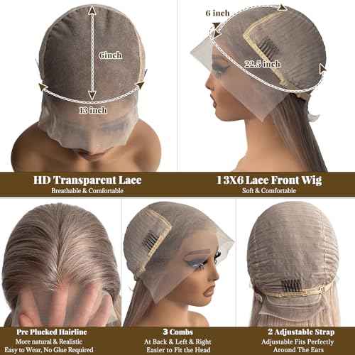 Belaved 16 Inch Ash Blonde Wigs Human Hair Straight 13x6 HD Transparent Lace Front Wigs for Black Women 180% Density Glueless Balayage Blonde Remy Human Hair Wigs with Baby Hair Pre Plucked Hairline