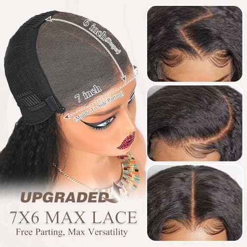 16 Inch 7x6 Glueless Wigs Human Hair Pre Plucked Pre Cut 250% Density Kinky Straight Lace Front Wigs With Drawstring Parting Max HD Lace Closure Wigs Human Hair for Women Natural Black