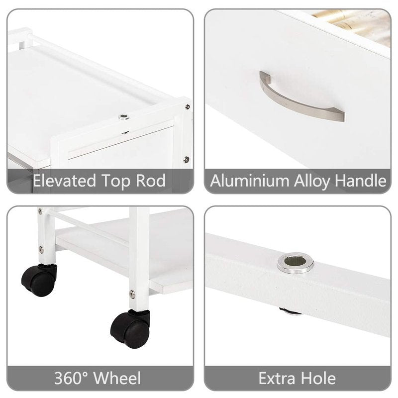 Salon Trolley Cart - Wooden Rolling Storage Station with 1 Drawer & 2 Trays | Mobile Utility Cabinet for Beauty & Spa, White
