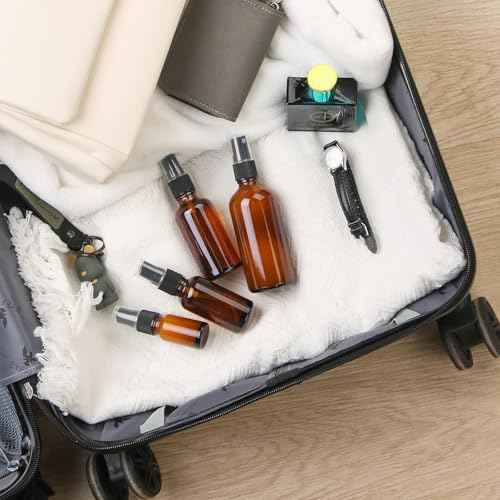 24 pack 1oz Spray Bottle Amber Glass Travel Atomizer for Perfume Essential Oils TSA Approved Refillable Small Sprayer with Labels and Dispensing Tools