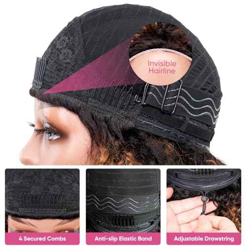 Ombre Highlight Brown Kinky Curly Half Wig Human Hair 1B 30 Curly 3 In 1 Seamless Flip Over Afro Curly Half Wig For Women 210% Density Glueless Wear and Ready to Go Drawstring Headband Wig 20 Inch
