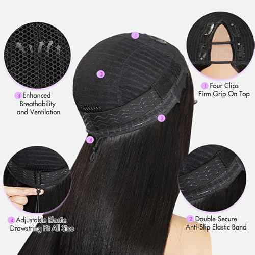 mscoco V Part Wig Human Hair Burmese Curly Glueless Wigs Human Hair Clip In Upgrade U Part Human Hair Wig with Drawstring 180% Density Natural Black 18inch