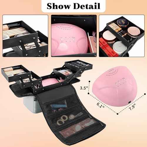 Makeup Travel Train Case, Black Makeup Carrying Organizer Bag, 4 Tier Professional Organizer Case with Straps Pockets for Make Up Nail Tools