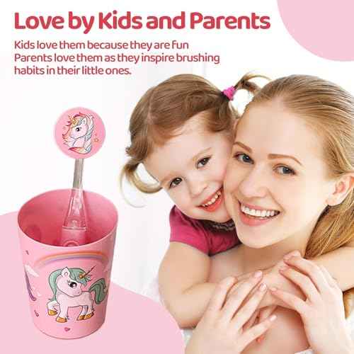 Lily's Home Kids Flashing Timer Toothbrush with Soft Bristles, Rising Cup & Cover - Fun 2-Min Light-Up Brushing for Children - Toddler Toothbrush Kit (Unicorn) - Set of 2