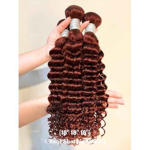 Reddish Brown Deep Wave Single Bundles Human Hair 24 Inch, 12A 100% Unprocessed Virgin Brazilian Weaves Thick Track #33B Auburn Copper Red Curly Water Wavy Colored Human Hair Bundles Remy Sew In