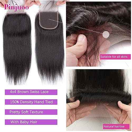 Brazilian Straight Bundles with Closure Human Hair Weave 3 Bundles and 4X4 HD Lace Closure (14 16 18+12 Inch) Unprocessed Virgin Remy Hair Free Part for Women