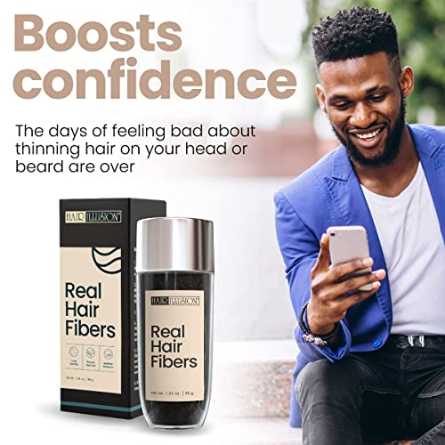 Hair Illusion Black Real Hair Fibers for Thinning Hair - 100% Natural Texture, Non Synthetic Hair Fibers - Bald Spot Cover Up for Women & Men - 38 Gram - Pack of 2