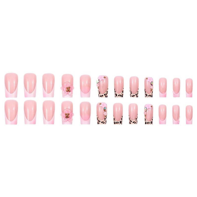 French Tip Press-On Nails - 24 Pcs Long Square Floral Design with 3D Rhinestones | Spring Summer Coffin Tips