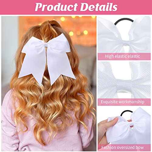 Yunlly 50 Pcs 8" Cheer Hair Bows Bulk Large Hair Bows for Girls Cheerleaders Ponytail Holder Elastic Band Ties for Teen College Sports Cheerleading Accessories(White)