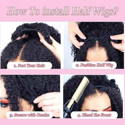 Curly Half Wig Human Hair 180% Density Deep Wave Glueless Wigs Upgrade 3 In 1 Wigs Beginner Friendly Seamless Flip Over Drawstring Curly Wig Ready to Go Headband Wig Natural Black Color 16 Inch