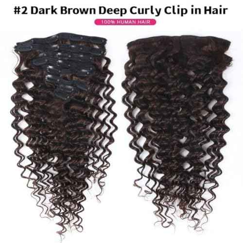 Clip in Hair Extensions Real Human Hair 24 Inch Remy Human Hair Extensions for Women Double Weft Seamless Clip ins Brazilian Deep Wave Curly Human 8Pcs 120g 20 Clips Dark Brown