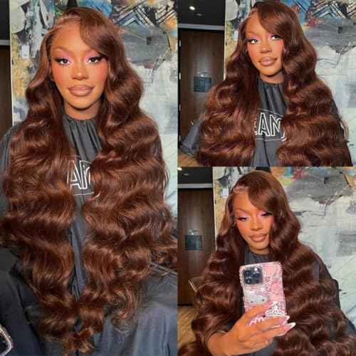 HC 22inch Chocolate Brown Lace Front Wig 13x6 HD Body Wave Human Hair Brown Human Hair Wig 200% Density Pre Plucked Glueless Brown Wig human hair for Women£¨22inch£©