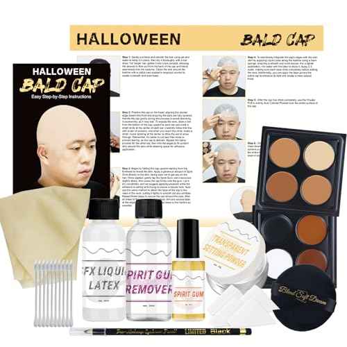 Halloween Bald Caps Costume Kit for Woman & Men - Realistic Latex Bald Cap with Adhesive Glue & Remover - Complete Makeup Set for Halloween, Zombie, Cosplay, Costume, SFX, Dress-Up Party