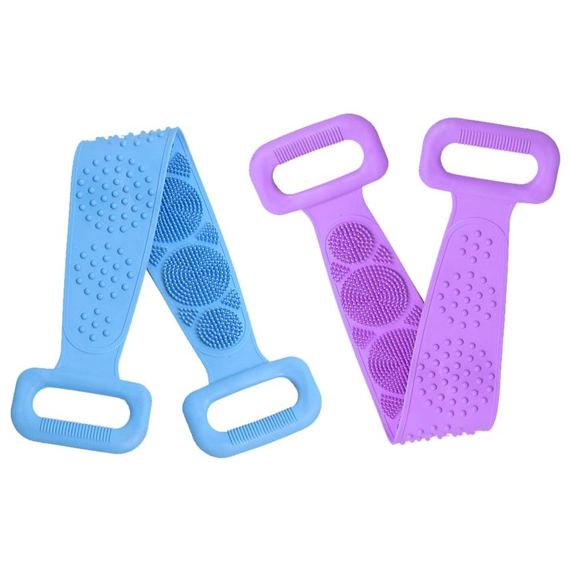 Silicone Back Scrubber for Shower, Dual-Sided Back Exfoliator Washer Scrub Strap -, Exfoliate and Massage, Hygienic, Durable and Easy to Clean, Blue and Purple 2 Pack