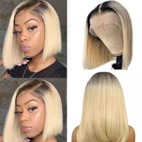 1b613 Ombre Blonde Bob Wig Human Hair Dark Roots 13x4 HD Lace Front Wigs Human Hair Pre Plucked with Baby Hair Glueless Bob Wig Human Hair 180% Density 14 Inch