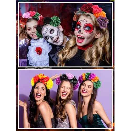 Zeyune Mexican Flower Headband Fiesta Rose Flower Crown Costume Mexican Headpiece for Women Party Cosplay Halloween(Mixed Color,16pcs)