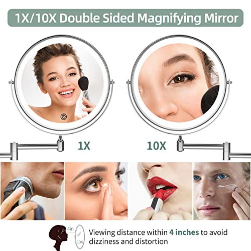 Rechargeable Wall Mounted Lighted Makeup Vanity Mirror 8 inch 1X/10X Magnifying Bathroom Mirror with 3 Color Lights, Double Sided with Dimmable LED Lights, Extended Arm 360¡Æ Swivel Extension Mirror