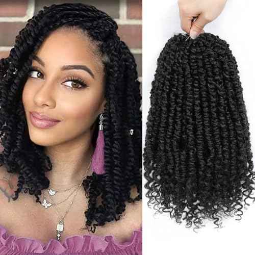 Alicoco Passion Twist Crochet Hair 12 Inch Passion Twist Hair Pre Looped 8 Packs Spring Twist Crochet Braids with Curly Ends Pre-Twisted Crochet Hair for Women (1B)