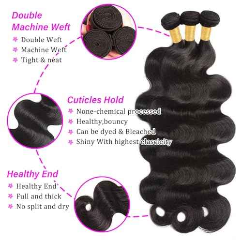 12A Human Hair Bundles 14 16 18 Inch Body Wave 3 Bundles Human Hair 100% Unprocessed Brazilian Virgin Hair Bundles Quick Weave Hair Extension Natural Black