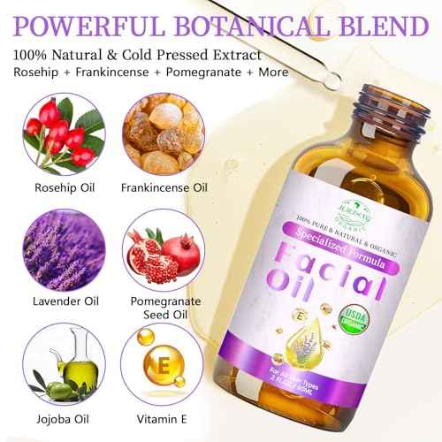 Rosehip Oil, Lavender Oil for Face, Facial Oils Blend Anti Aging with Frankincense & Pomegranate | Organic 100% Natural & Cold Pressed for Women Moisturizing, Brightening & Youthful Glow, 2 fl oz