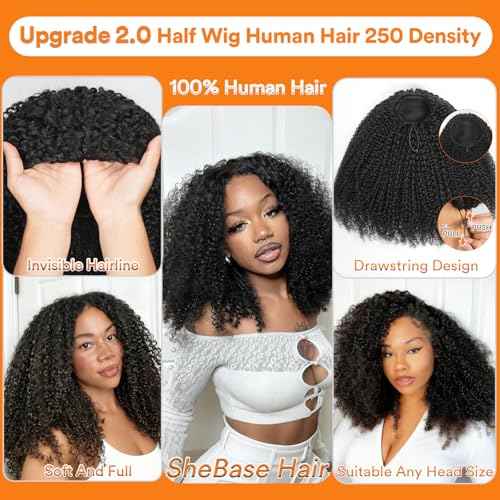 Kinky Curly Half Wig Human Hair 250% Density 20 Inch 3 In 1 Seamless Flip Over Drawstring Ponytail Headband Wig Human Hair Glueless Wear and Go 100% Human Hair Burmese Kinky Curly Half Wigs