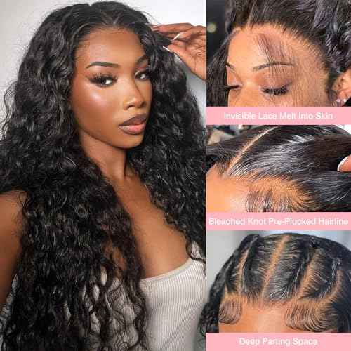 13x6 Deep Wave Lace Front Wigs Human Hair Wigs for Women 180% Density HD Transparent Deep Curly Lace Frontal Wigs Human Hair Pre Plucked with Baby Hair Natural Color 20 Inch