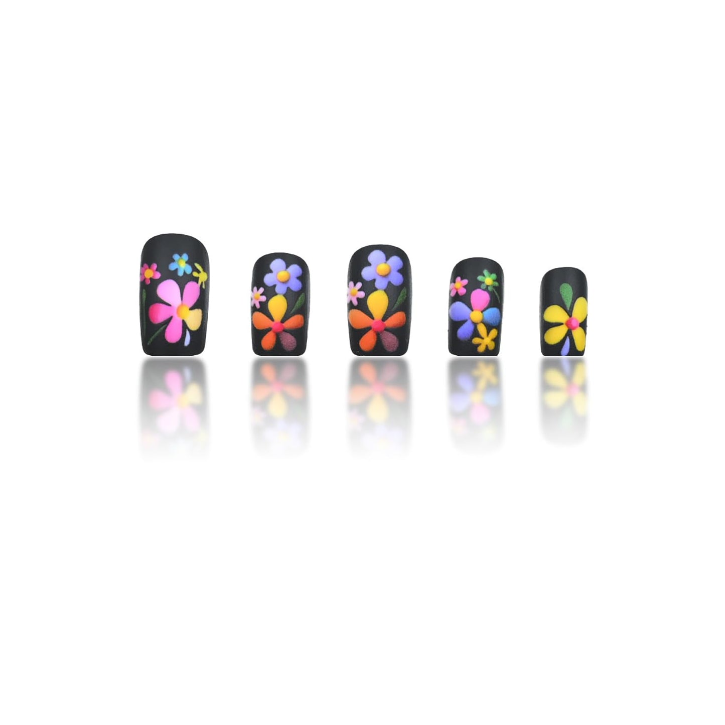 Skiennix Short Square Flower Press-On Nails - Multicolor Floral Design | Black Matte Full Cover, 24 Pcs