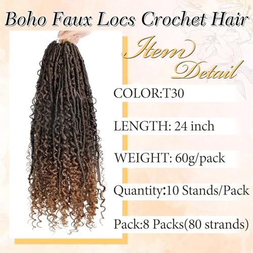 24inch Goddess Locs Crochet Hair 8 Packs with Curly Ends Pre-Looped Long Bohemian River Synthetic Soft Locs for Women(30inch T30)