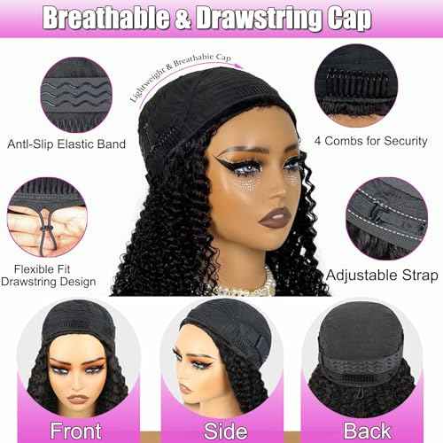 20 Inch Half Wig Human Hair 200% Density Curly 3 In 1 Seamless Flip Over with Drawstring Headband Wig Beginner Friendly Jerry Curly Human Hair Wig Wear and Go Glueless Wigs Human Hair for Women