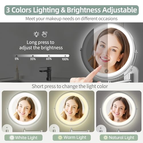 Rechargeable Wall Mounted Lighted Makeup Vanity Mirror 8 inch 1X/10X Magnifying Bathroom Mirror with 3 Color Lights, Double Sided with Dimmable LED Lights, Extended Arm 360¡Æ Swivel Extension Mirror