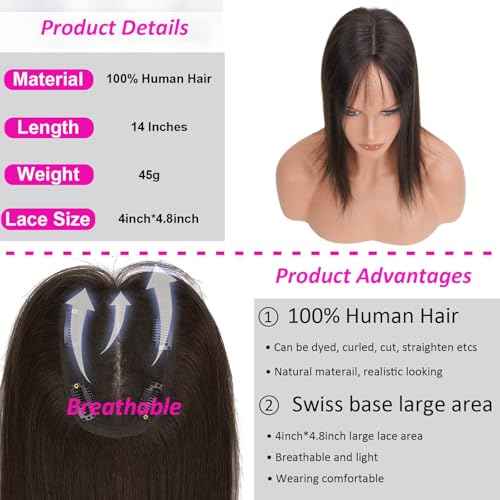 Hair Toppers for Women Real Human Hair, 4x4.8 Inch Upgrade Basement 360¡Æ Cover 3D Clip in Hairpieces for Women with Thinning hair, 14 Inch 2# Dark Brown