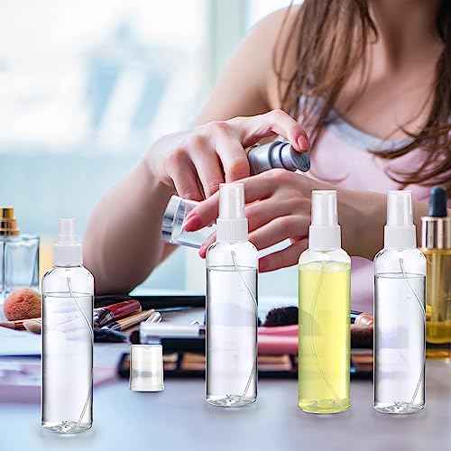 Tanlade 100 Pcs 8 oz Empty Spray Bottles with Pump Spray Cap Refillable Clear Plastic Misting Bottles Fine Mist Bottle for Hair Essential Oils Beauty Products Cleaning Travel(White)
