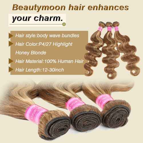 Ombre Human Hair Bundles Honey Blonde Body Wave 3 Bundles 20 22 24 Inch 100% Brazilian Virgin Hair 4/27 Highlight Body Wave Bundle Soft and Healthy Sew In Hair Extensions Real Human Hair for Women