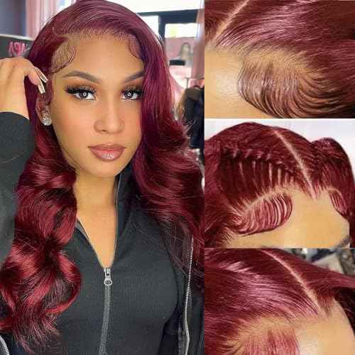 SWEETGIRL 13x6 Burgundy Lace Front Wigs Human Hair Body Wave Lace Front Wigs Pre Plucked 99j HD Lace Frontal Wigs Human Hair Wig for Women 180 Density Red Wig 20 Inch