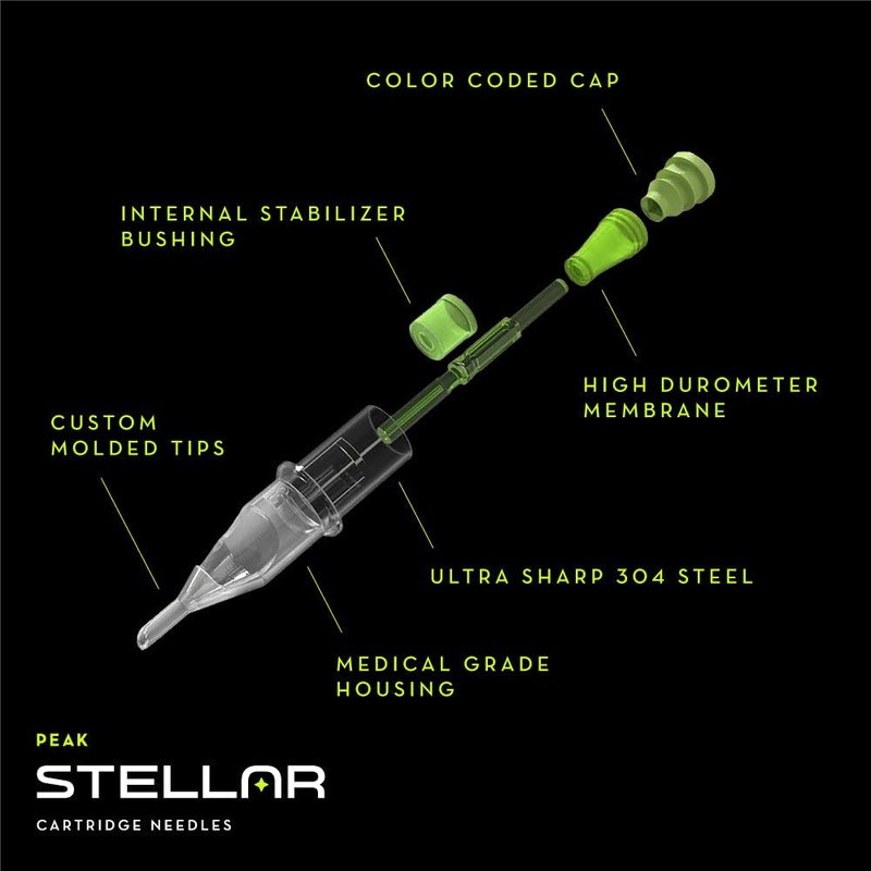 Peak Stellar Tattoo Cartridge Needles, Professional Premium Tattooing Supplies, Box of 20, #12 (.35mm) 9 Round Liner Medium Taper (3.0 mm)