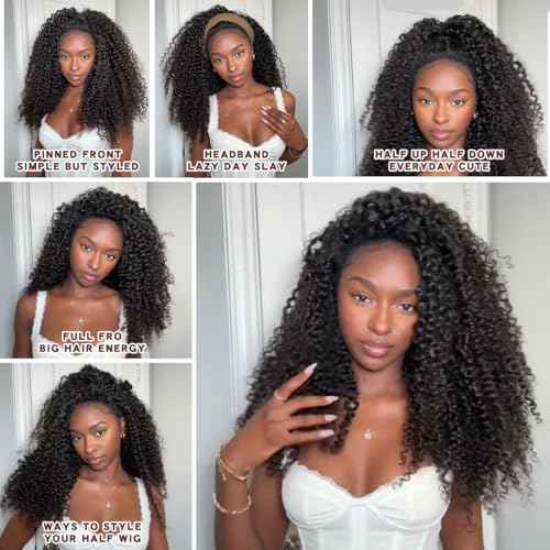 Glueless Wigs Human Hair Water Wave Wigs for Black Women Human Hair 3 in 1 Half Wig with Drawstring Seamless Clip Ins Flip over No Lace Wigs Wet and Wavy 22 Inch